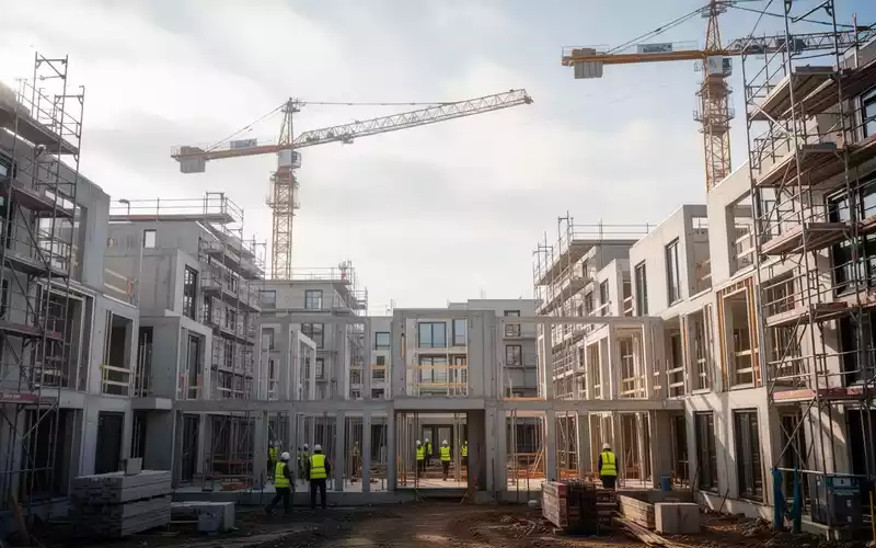 Eine Baustelle für moderne Wohngebäude mit Kränen und Baugerüsten bei Tageslicht. - Foto: über boerse-global.de
