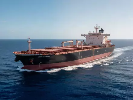 Ein großes Massengutschiff auf offener See bei klarem Himmel. - Foto: über boerse-global.de