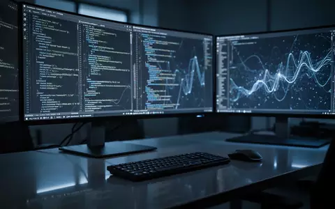 Ein moderner, dunkel beleuchteter Arbeitsplatz mit Bildschirmen, die abstraktem Code und Datenmustern ähneln. - Foto: über boerse-global.de