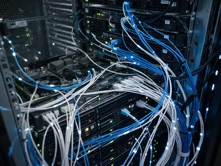 Moderne Serveranlage in einem Rechenzentrum mit leuchtenden Glasfaserkabeln und technischer Infrastruktur. - Foto: über boerse-global.de