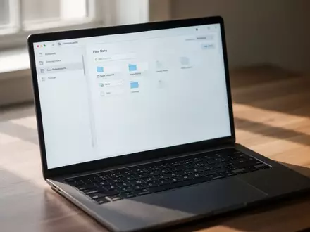 Ein moderner Laptop mit einem minimalistischen Dateimanager auf einem Holzschreibtisch bei natürlichem Licht. - Foto: über boerse-global.de