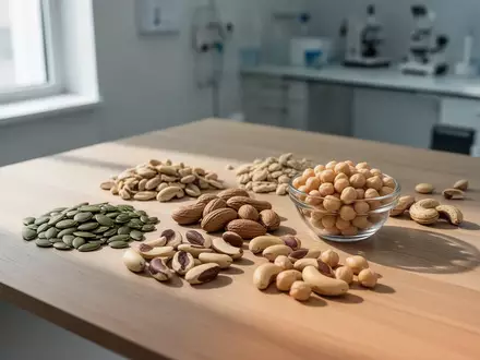 Nahaufnahme einer Auswahl an nährstoffreichen Lebensmitteln wie Kürbiskernen und Paranüssen auf einem Holztisch. - Foto: über boerse-global.de