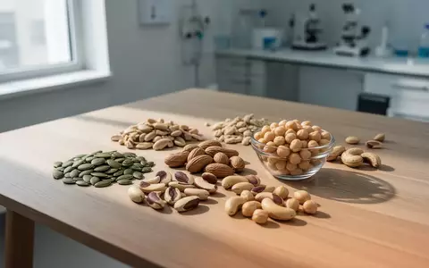 Nahaufnahme einer Auswahl an nährstoffreichen Lebensmitteln wie Kürbiskernen und Paranüssen auf einem Holztisch. - Foto: über boerse-global.de