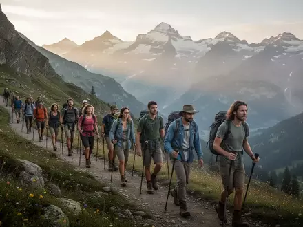 Eine Gruppe von Menschen wandert auf einem malerischen Bergpfad in den Schweizer Alpen bei Sonnenuntergang. - Foto: über boerse-global.de