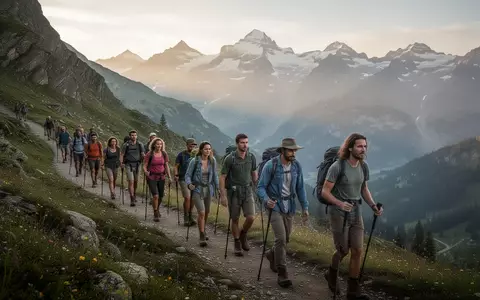 Eine Gruppe von Menschen wandert auf einem malerischen Bergpfad in den Schweizer Alpen bei Sonnenuntergang. - Foto: über boerse-global.de