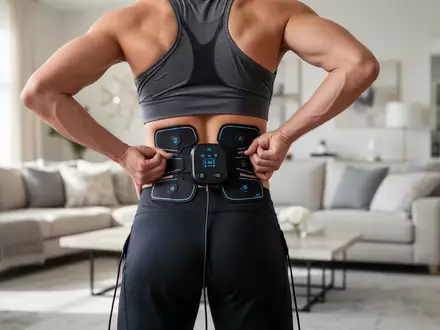 Eine Person verwendet ein kabelloses EMS-Gerät zur Muskelstimulation an ihrem unteren Rücken in einer hellen Wohnumgebung. - Foto: über boerse-global.de