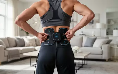 Eine Person verwendet ein kabelloses EMS-Gerät zur Muskelstimulation an ihrem unteren Rücken in einer hellen Wohnumgebung. - Foto: über boerse-global.de