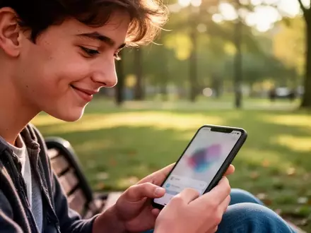 Eine junge Person betrachtet nachdenklich ihr Smartphone in einem sonnigen Park. - Foto: über boerse-global.de