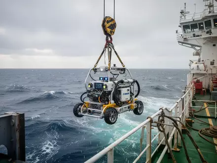 Ein ferngesteuerter Unterwasserroboter wird von einem modernen Offshore-Versorgungsschiff in den Ozean abgelassen. - Foto: über boerse-global.de