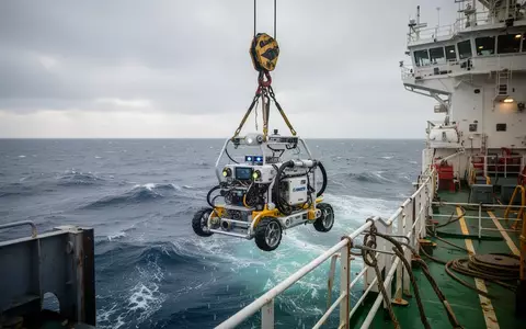Ein ferngesteuerter Unterwasserroboter wird von einem modernen Offshore-Versorgungsschiff in den Ozean abgelassen. - Foto: über boerse-global.de