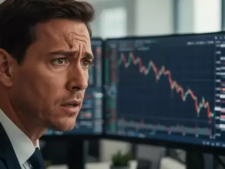 Ein besorgter Investor blickt auf einen Computerbildschirm mit einem fallenden Kursverlauf in einem modernen Büro. - Foto: über boerse-global.de