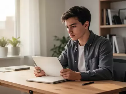 Ein junger Berufstätiger sitzt nachdenklich an einem Schreibtisch in einem modernen Büro vor einem leeren Notizbuch. - Foto: über boerse-global.de