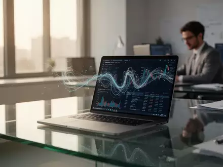 Ein Finanzanalyst arbeitet in einem modernen Büro an einem Laptop, während im Hintergrund Datenströme visualisiert werden. - Foto: über boerse-global.de