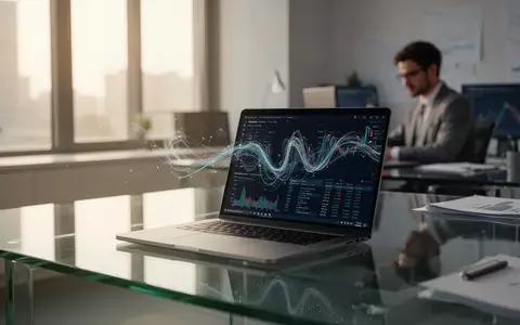 Ein Finanzanalyst arbeitet in einem modernen Büro an einem Laptop, während im Hintergrund Datenströme visualisiert werden. - Foto: über boerse-global.de