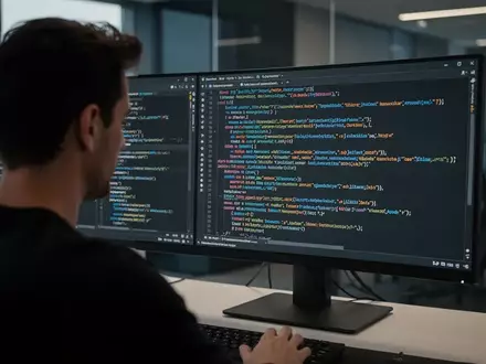 Softwareentwickler arbeitet an einem modernen Arbeitsplatz an komplexem Programmcode auf einem Monitor. - Foto: über boerse-global.de