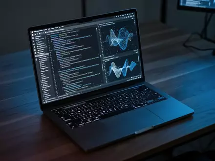 Ein moderner, dunkel gehaltener Arbeitsplatz mit einem Laptop, auf dessen Bildschirm abstrakte Datenvisualisierungen zu sehen sind. - Foto: über boerse-global.de