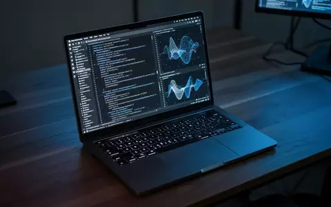 Ein moderner, dunkel gehaltener Arbeitsplatz mit einem Laptop, auf dessen Bildschirm abstrakte Datenvisualisierungen zu sehen sind. - Foto: über boerse-global.de