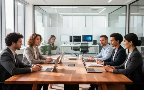 Ein Team von Fachleuten arbeitet in einem modernen, hellen Büro an einem gemeinsamen Projekt. - Foto: über boerse-global.de