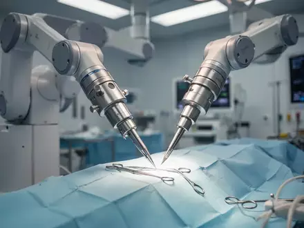 Ein hochmoderner chirurgischer Roboterarm in einem sterilen, hell beleuchteten Operationssaal während eines Eingriffs. - Foto: über boerse-global.de