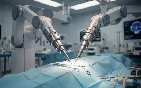 Ein hochmoderner chirurgischer Roboterarm in einem sterilen, hell beleuchteten Operationssaal während eines Eingriffs. - Foto: über boerse-global.de