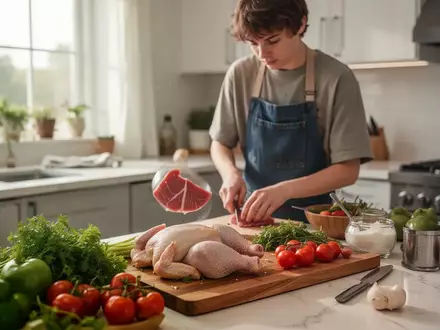 Ein junger Erwachsener bereitet in einer modernen Küche eine proteinreiche Mahlzeit mit Geflügel und Gemüse zu. - Foto: über boerse-global.de
