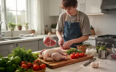 Ein junger Erwachsener bereitet in einer modernen Küche eine proteinreiche Mahlzeit mit Geflügel und Gemüse zu. - Foto: über boerse-global.de