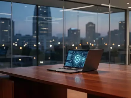 Ein moderner, minimalistischer Bankarbeitsplatz mit einem Laptop in einem Büro am Abend, symbolisch für IT-Sicherheit. - Foto: über boerse-global.de