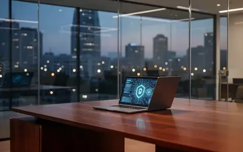 Ein moderner, minimalistischer Bankarbeitsplatz mit einem Laptop in einem Büro am Abend, symbolisch für IT-Sicherheit. - Foto: über boerse-global.de