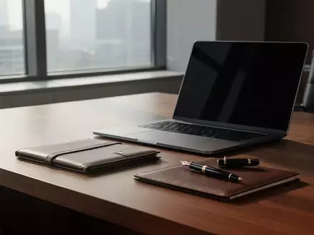 Ein aufgeräumter Schreibtisch in einem modernen Büro mit einem Laptop und einem Notizbuch bei natürlichem Tageslicht. - Foto: über boerse-global.de