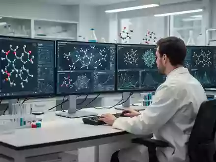 Ein Wissenschaftler arbeitet in einem modernen Labor an der Analyse komplexer molekularer Datenstrukturen an Bildschirmen. - Foto: über boerse-global.de