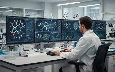 Ein Wissenschaftler arbeitet in einem modernen Labor an der Analyse komplexer molekularer Datenstrukturen an Bildschirmen. - Foto: über boerse-global.de