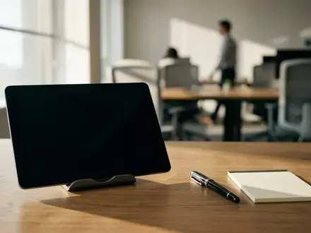 Ein moderner Büroarbeitsplatz mit einem digitalen Zeiterfassungsgerät und einem Füllfederhalter bei natürlichem Licht. - Foto: über boerse-global.de