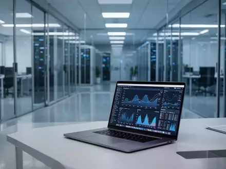 Moderner, minimalistischer Serverraum in einem Büro mit einem Laptop, der komplexe Datenvisualisierungen anzeigt. - Foto: über boerse-global.de