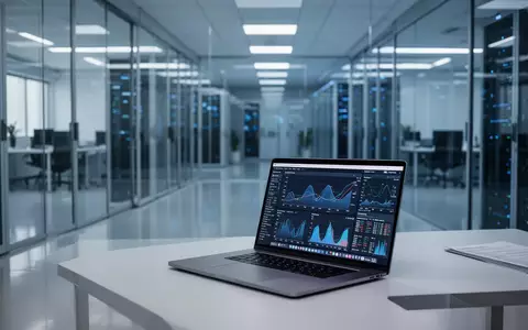 Moderner, minimalistischer Serverraum in einem Büro mit einem Laptop, der komplexe Datenvisualisierungen anzeigt. - Foto: über boerse-global.de
