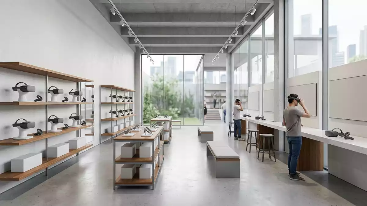 Architektur-Render im Elektronik Showroom mit VR-Headset im Ausstellungsbereich