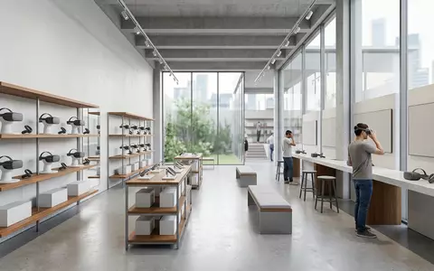 Architektur-Render im Elektronik Showroom mit VR-Headset zum Thema Pimax Dream Air VR-Headset, neutrales Tageslicht - Foto: THN