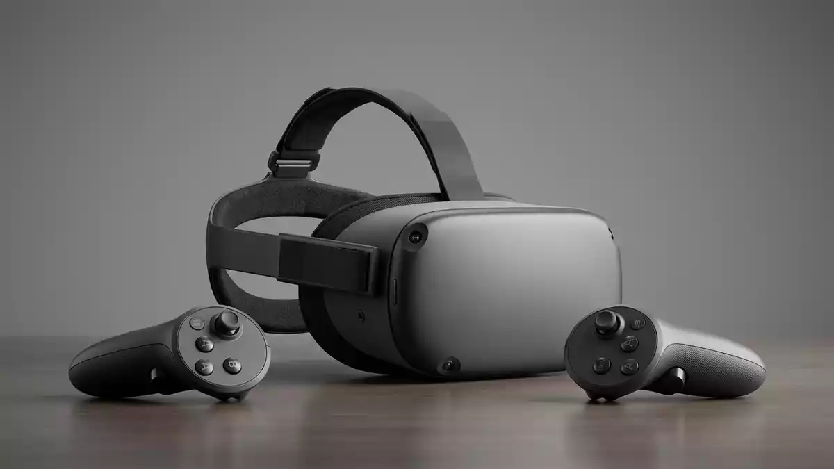 Fotorealistische Studioansicht von VR-Headset in neutraler Produktdarstellung, neutral