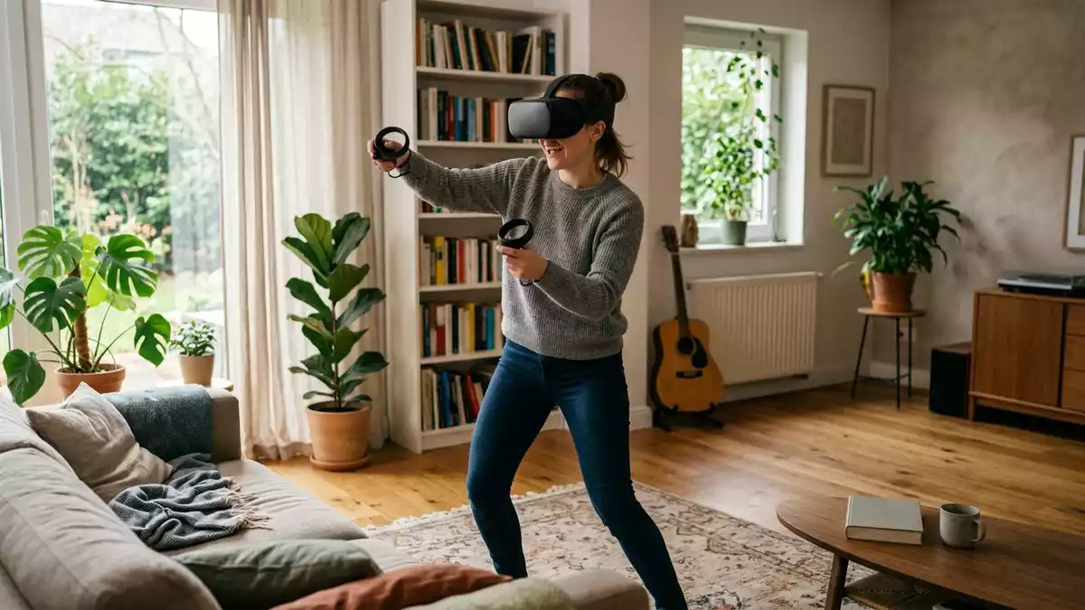 Fotorealistische Ansicht von VR-Headset im Wohnzimmer in realer Umgebung, neutral