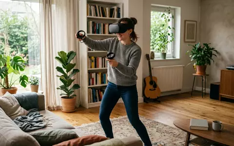 Fotorealistische Aufnahme von VR-Headset im Wohnzimmer zum Thema Pico 4 128GB All-in-One, natuerliches Licht - Foto: THN