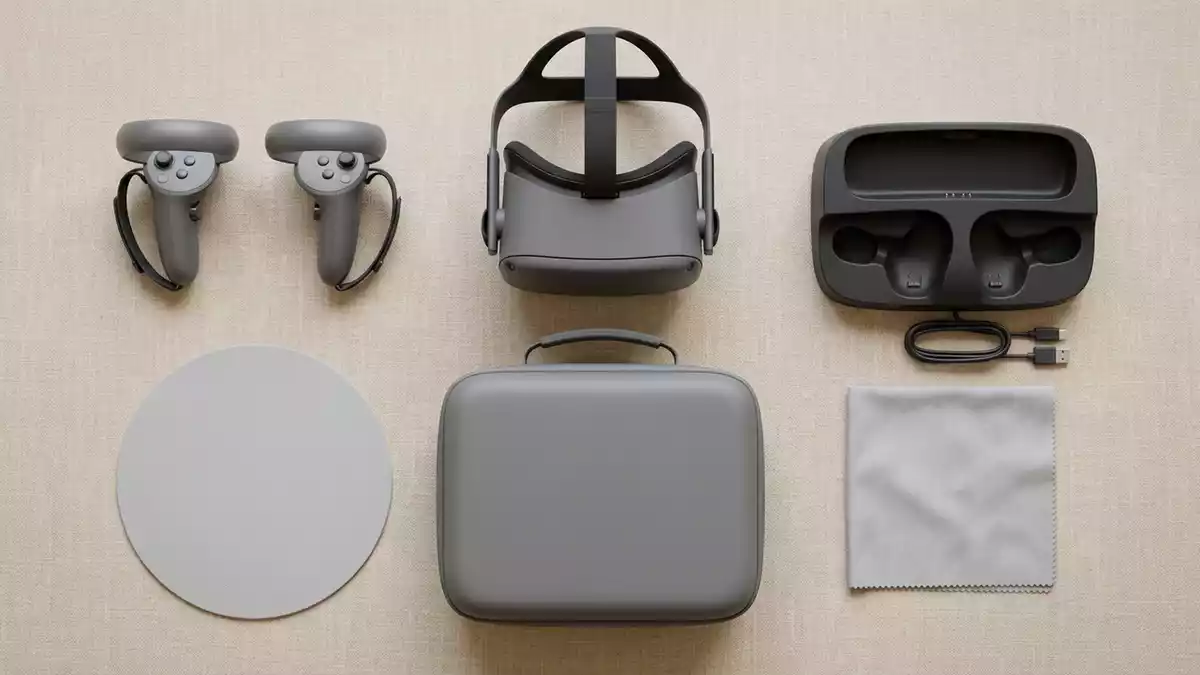 Flatlay-Arrangement rund um VR-Headset mit passenden Requisiten von oben, neutral