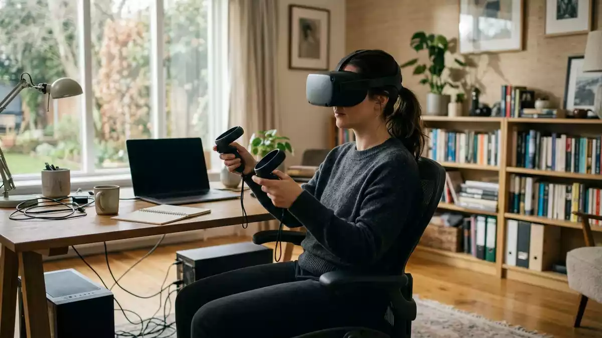 Fotorealistische Ansicht von VR-Headset im Arbeitszimmer in realer Umgebung, neutral