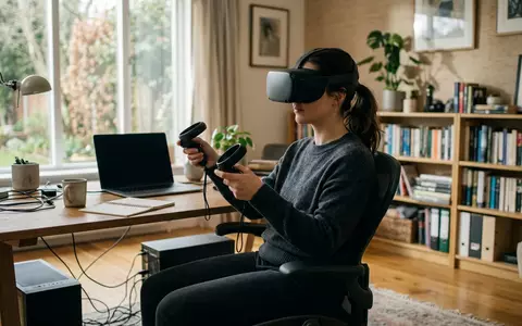 Fotorealistische Aufnahme von VR-Headset im Arbeitszimmer zum Thema Pimax Crystal Light VR-Headset, natuerliches Licht - Foto: THN