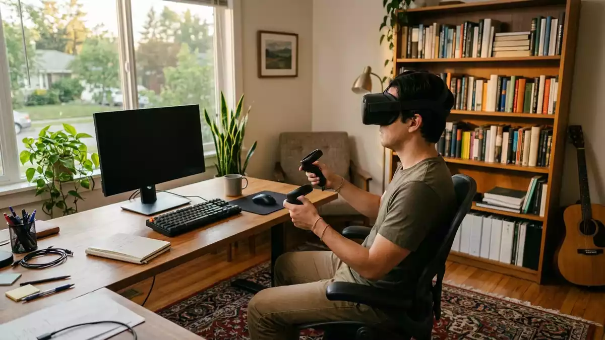 Fotorealistische Ansicht von VR-Headset im Arbeitszimmer in warmem Abendlicht, neutral