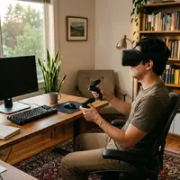 Fotorealistische Aufnahme von VR-Headset im Arbeitszimmer zum Thema Pico G3 Enterprise VR-Headset, warmes Abendlicht - Foto: THN