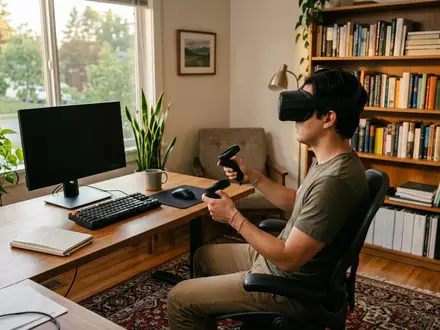Fotorealistische Aufnahme von VR-Headset im Arbeitszimmer zum Thema Pico G3 Enterprise VR-Headset, warmes Abendlicht - Foto: THN