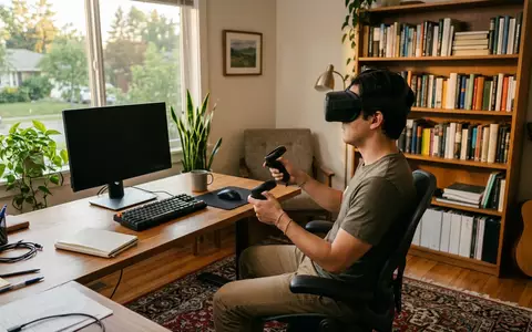 Fotorealistische Aufnahme von VR-Headset im Arbeitszimmer zum Thema Pico G3 Enterprise VR-Headset, warmes Abendlicht - Foto: THN