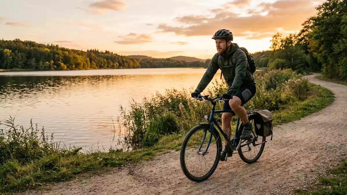 Fotorealistische Ansicht von Trekkingrad am See in warmem Abendlicht, neutral