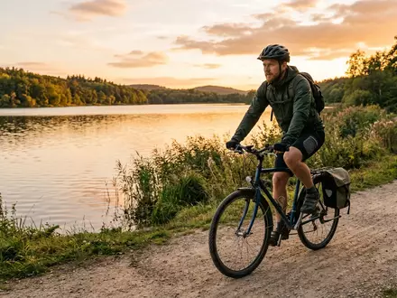 Fotorealistische Aufnahme von Trekkingrad am See zum Thema Zündapp Green 3.0 Herren, warmes Abendlicht - Foto: THN