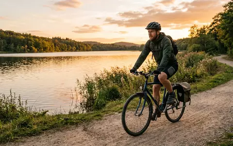 Fotorealistische Aufnahme von Trekkingrad am See zum Thema Zündapp Green 3.0 Herren, warmes Abendlicht - Foto: THN