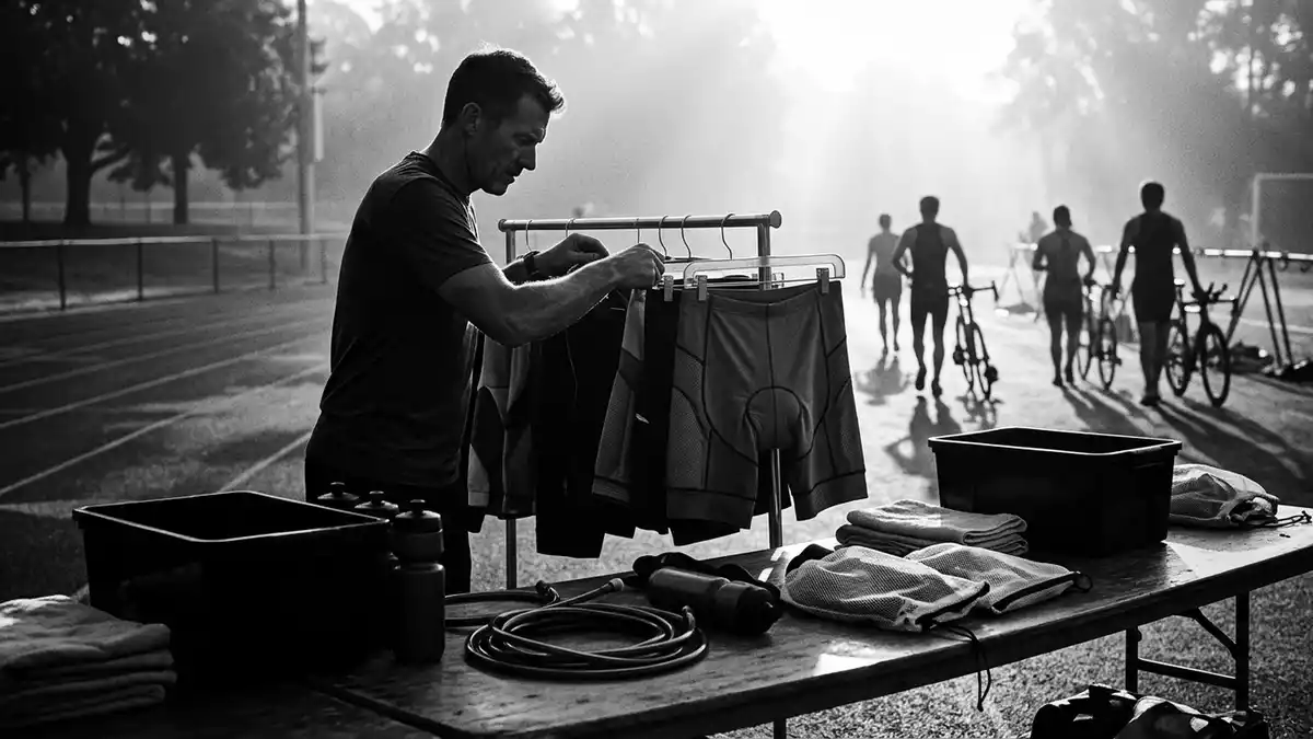 Schwarzweiss-Reportagebild mit Triathlonshorts in dokumentarischer Arbeitsumgebung